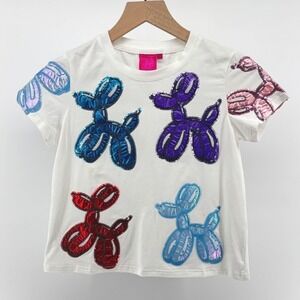 Queen of Sparkles Balloon Dog Tee Girls Small White Sequin Applique Maximalist